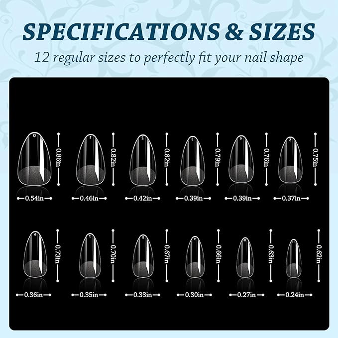 Lsnisni Short Almond Nail Tips, 576PC Gel Acrylic Nail Tips, Clear Nail Tips, Nail Supplies Suitable for Women or Girls to DIY Nails 12 Sizes For Your Choice!