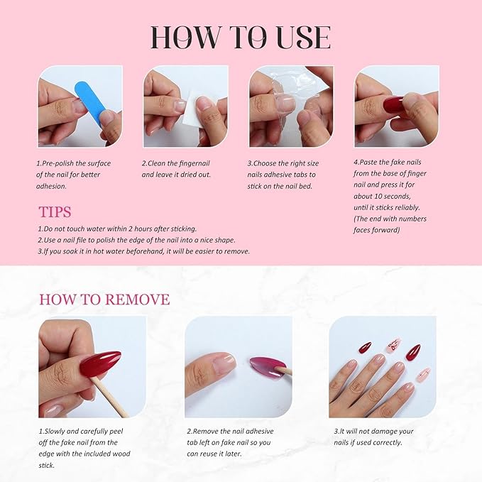 Handmade Press on Nails Medium Coffin Fake Nails Gradient French False Nails 3D Flower Artificial Acrylic Thick Stick on Nails Handmade for Women Manicure Art Decorations (Size M)