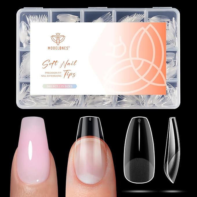 modelones Short Coffin Nail Tips, 360pcs Pre-etched 15 Sizes Clear Fake X Nail Gel Press On Full Cover Half Matte Acrylic Gel Tips for Extension Salon