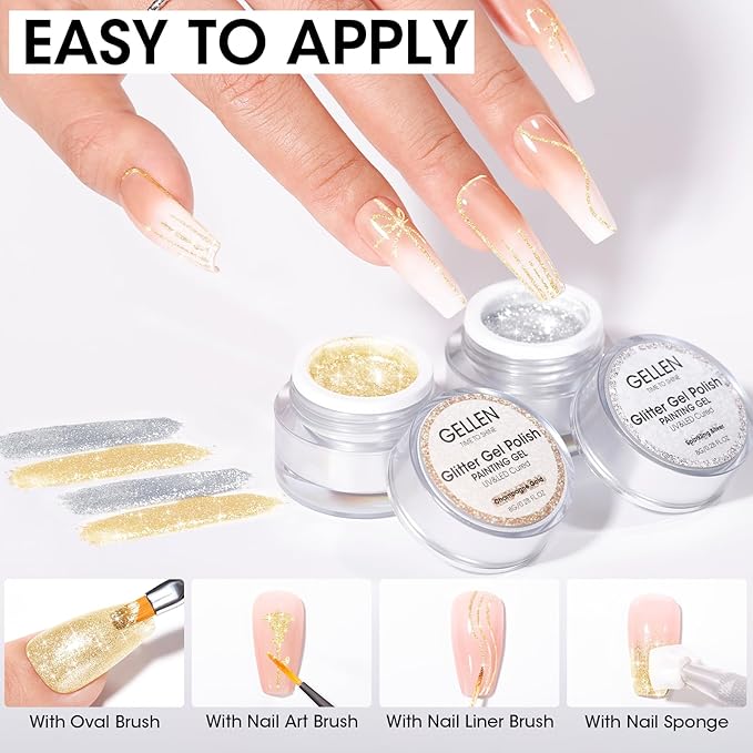 GELLEN Painting Gel for Nails, Metal Platinum Reflective Glitter Gold Gel Polish Drawing French-tip Floral Painted Liner Soak Off Lamp Cured for Salon DIY Nail Art, Hema-free, Champagne & Silver