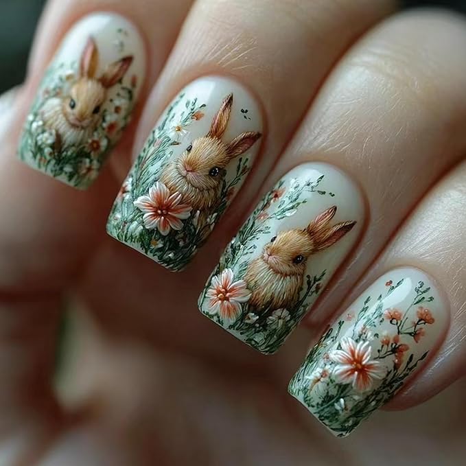 24 Pcs Easter Medium Square Shaped Press on Nails with Cute Bunny Design Embossed Acrylic Nails Spring Pink White Flower False Nails Full Cover Easter Rabbit Stick on Nails for Women Nail Art Manicure