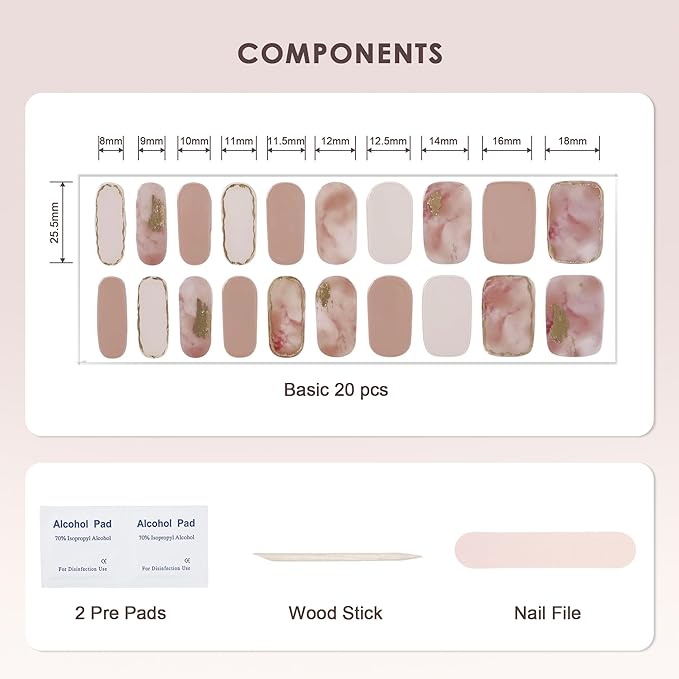 Semi Cured Gel Nail Strips – Real Gel Nail Polish Wraps for Brittle Nails | Waterproof Long Lasting Easy Peel-Off Removal | Hema-Free | 20-Piece Salon Kit with File & Stick