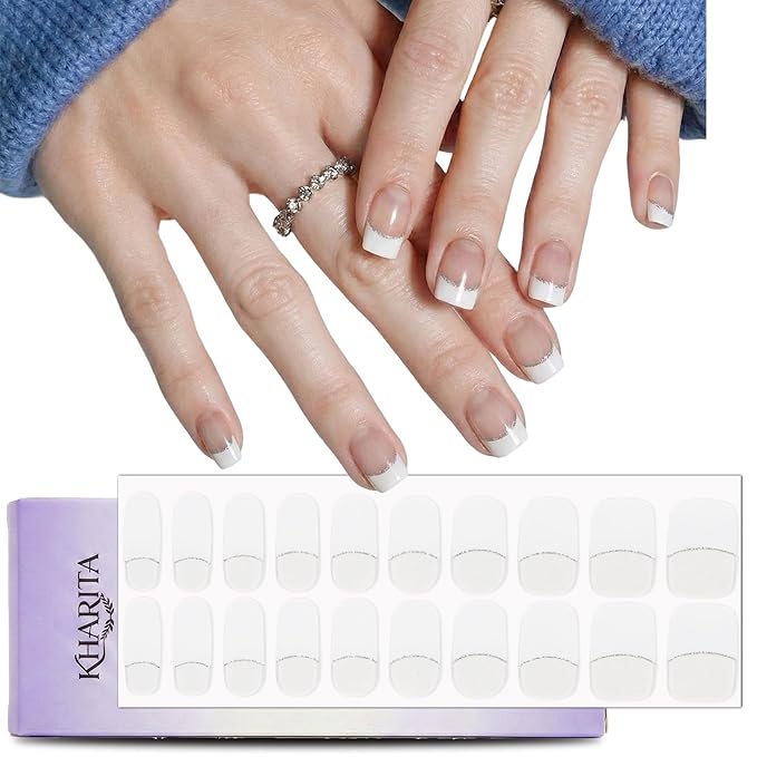 Semi Cured Gel Nail Strips – Real Gel Nail Polish Wraps for Brittle Nails | Waterproof Long Lasting Easy Peel-Off Removal | Hema-Free | 20-Piece French Tip Silver Salon Kit with File & Stick