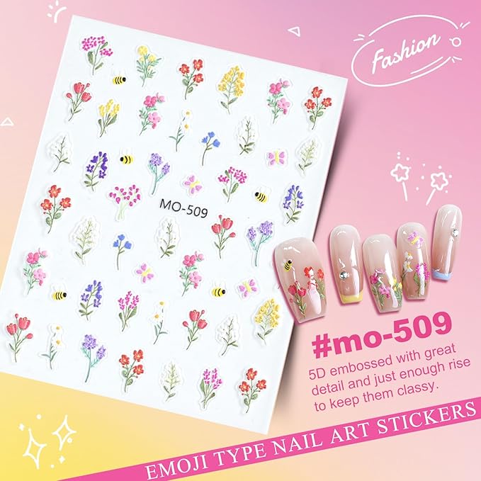 Flower Nail Art Stickers 5D Embossed Nail Decals for Nails Art Design Self-Adhesive Spring Summer Daisy Floral Leaf Plant Nail Accessories for Women Manicure DIY Art Decoration 6 Sheets YX1226