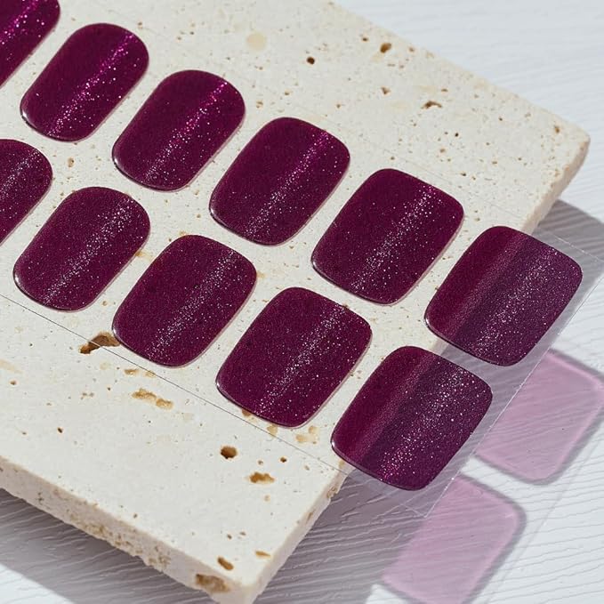 Arte Clavo Semi Cured Gel Nail Strips, 20 Pcs Gel Nail Stickers with UV Light Required, Salon Quality, Long Lasting, Easy Apply and Remove (Deep Plum Cat Eye)