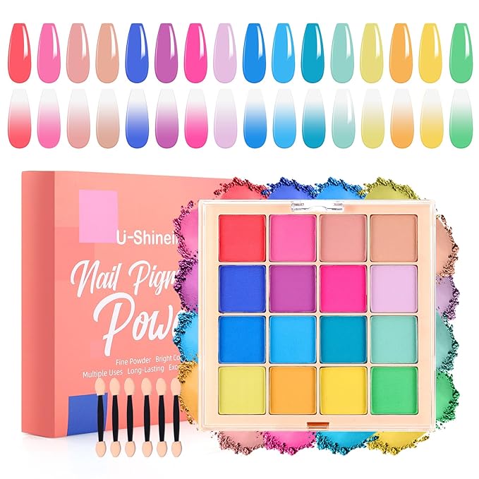 Nail Pigment Powder Palette Set, 16 Bright Colors Ombre Nail Powder Palette French Aura Nails Ombre Nail Brush Nail Long-lasting Manicure Art DIY Accessories (07)
