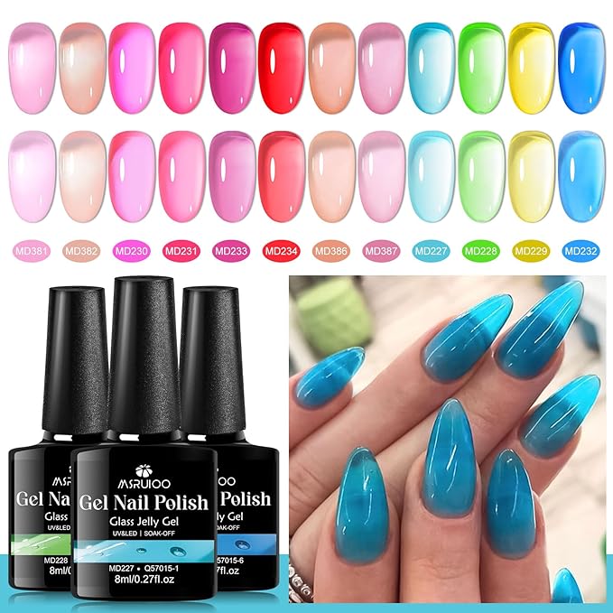 12 Colors Jelly Gel Nail Polish Set Crystal Neon Gel Polish Pastel Pink Blue Green Transparent Rainbow Manicure Kit Gift for Women Girls 8ML