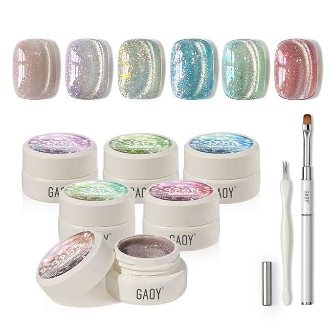 GAOY Glitter Cat Eye Gel Nail Polish Set with Magnet, 6 Colors Pink Blue Green Purple Sparkle Bling, for Salon Manicure & Nail Art DIY at Home, Frost Galaxy