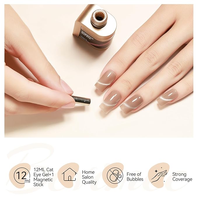 Cat Eye Gel Nail Polish, Glitter Magnetic Gel Polish Shimmer Champagne Gold Cat Eye Nails With Magnet Stick, Holographic Cateye Effect, UV Velvet Nail Art Manicure Salon DIY Home, 12ML