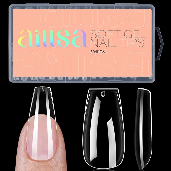 AILLSA Coffin Nails Tips 504PCS Clear Full Cover Nails Medium Gel Fake Nail Tips for DIY Press on Nail Extension, False Acrylic Preshaped Soft Nail Tips (12 Sizes)