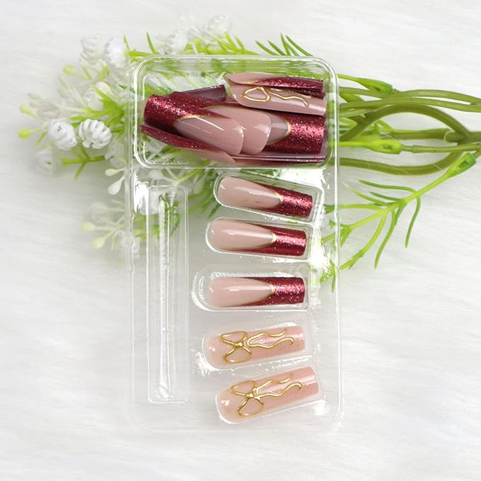 Long Press on Nails Square Fake Nails with Red Glitter French Tip Gold Line Bow Designs Nude Full Cover Glue on Nails Press ons Glossy Acrylic Stick on Nails for Women 24 Pcs