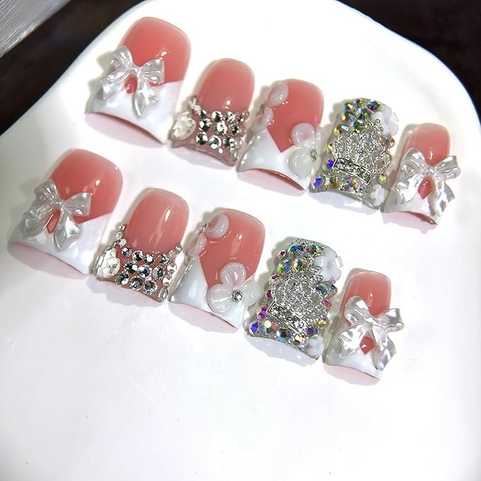 Handmade Press on Nails Rhinestones and Bow Press on Nails Short Duck Shaped Fake Nail White French Acrylic Nails Full Cover Reusable Flower False Nail for Women Girls Nail Accessories (Size S)