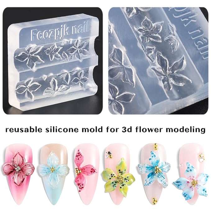 Hard Gel for Nails, 4 Colors Solid Builder Gel Kit with Silicone Carving Mold Clear Pearly White Brown Nude Pink 3D Sculpting Gels Flower Charms DIY Modeling Design Nail Salon Supplies