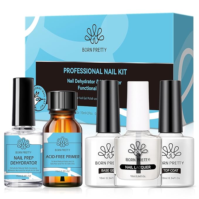 Born Pretty Nail Dehydrator and Nail-Primer, Nail Prep Dehydrator Acid Free Nail-Primer, Cuticle Oil for Nails, Base and Top Gel Coat Nail Supplies Functional Nail Set 5PCS