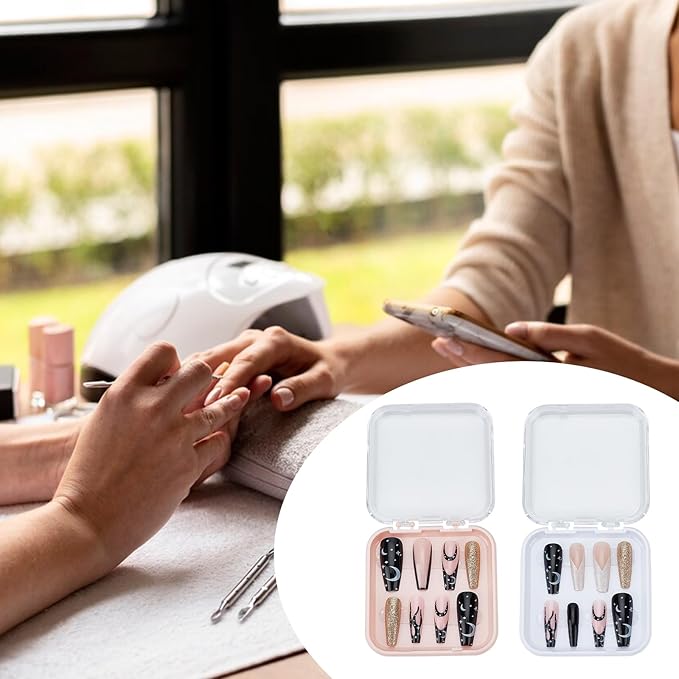 NICENEEDED 4 Pcs Plastic Press on Nail Storage Box, Fake Nails Packing Cases, Transparent Nail Organizer Display Boxes with Adhesive Double Sided Tape for Home DIY Nail Salon