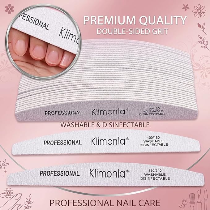25pcs Professional Half Moon Nail Files Emery Board Set 100/180 Grit Dual-Grit Buffer Files for Natural & Acrylic Nails Tools Suit for Home Salon