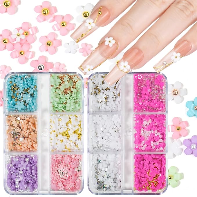 3D Flower Nail Charms - Colorful Flatback Rhinestones in White, Pink, Green, Blue. Acrylic Flowers with Golden Beads & Pearls - DIY Nail Art Supplies
