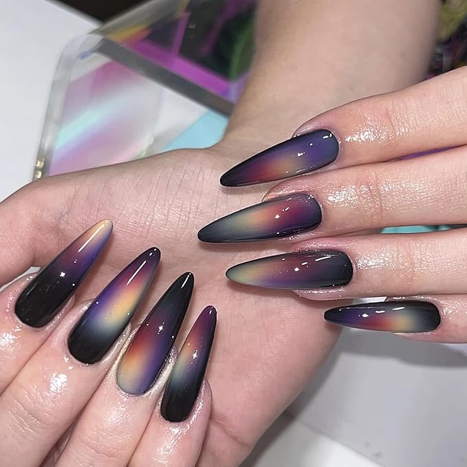 MISUD Press on Nails - Long Stiletto Fake Nails with Black Colorful, Acrylic Goth Ombre Design 24 pcs