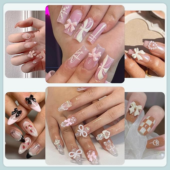 600 Pcs 3D Nail Charms and Flatback Pearls #8, 3 Colors Bow + Pink&White Star Heart Cute Charms + 2-6mm White Pearls for Nail Art Design with Nail Charm Glue(UV Needed) and Pickup Tools