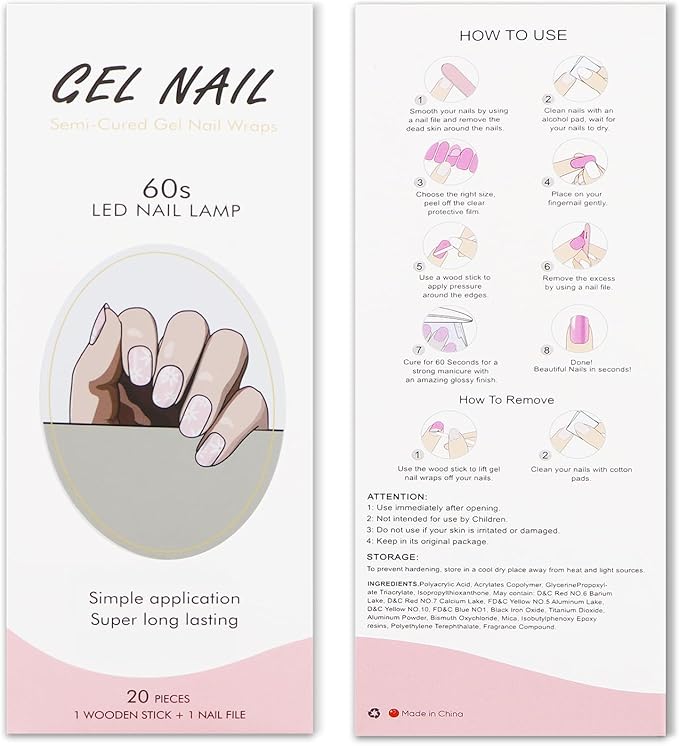 JMEOWIO Gel Nail Stickers Cream Pink White Flower Semi Cured Gel Nail Strips Wraps UV/LED Nails Art Design Decoration Accessories