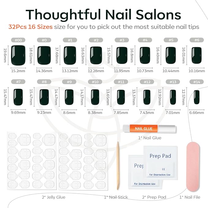Modelones Dark Green Press on Nails, Short Square Fake Nails, Reusable Nail Kit with Nail Glue Adhesive Tabs Mini Nail File, Nails Press Ons 32Pcs 16Sizes, Women Girl Gift