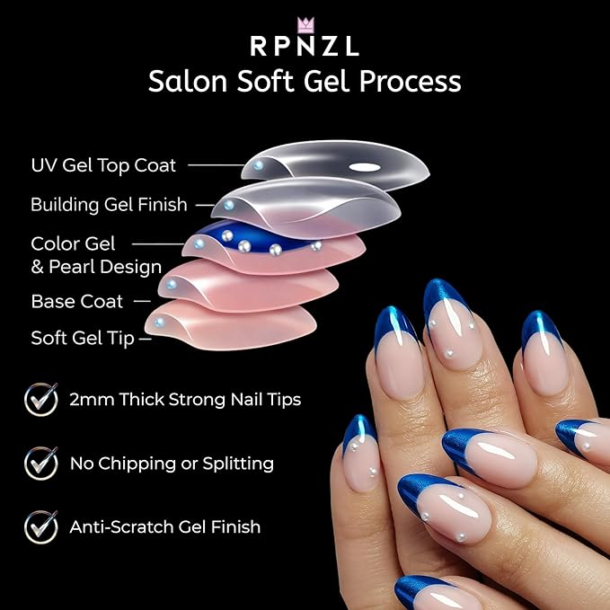 Press On Nails - Ocean | Blue Chrome French Tip with Pearl Design, UV Finish Almond Nails, Salon Quality | 32 Nails, 16 Sizes Kit with Glue and Adhesive Tabs I Female Founded