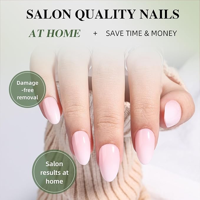 Pink Ombre Press On Nails - Pink Short Fake Nails, Almond Nude Press On Nails Reusable Stick On Nails in 16 Sizes, 32pcs False Nail Kit for Women & Girls(SoftPink Ombre)
