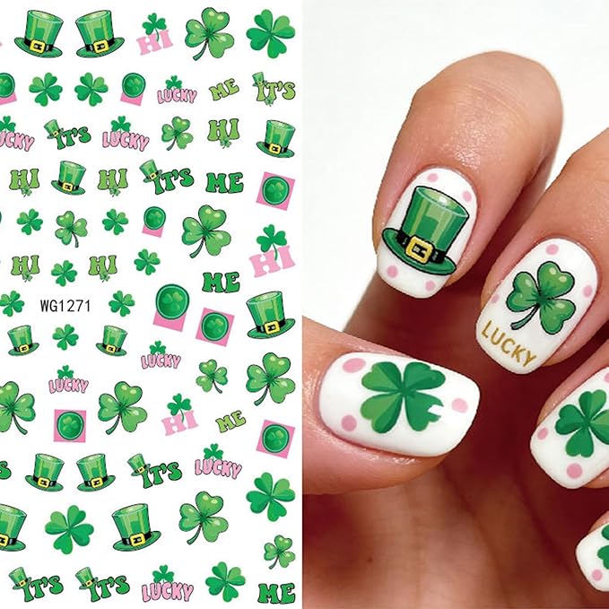 St Patricks Day Shamrock Nail Art Stickers Lucky Four-Leaf Clover Nail Decals Charms 3D Self-Adhesive St. Patrick's Day DIY Date Nail Supplies Decorations for Women Girls 10 Sheets