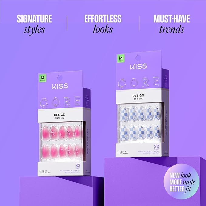 KISS CORE, Press On Nails, Nail glue included, 'Credit', Blue, Medium Size, Almond Shape, Includes 32 Nails, 2g Glue, 1 Manicure Stick, 1 Mini File