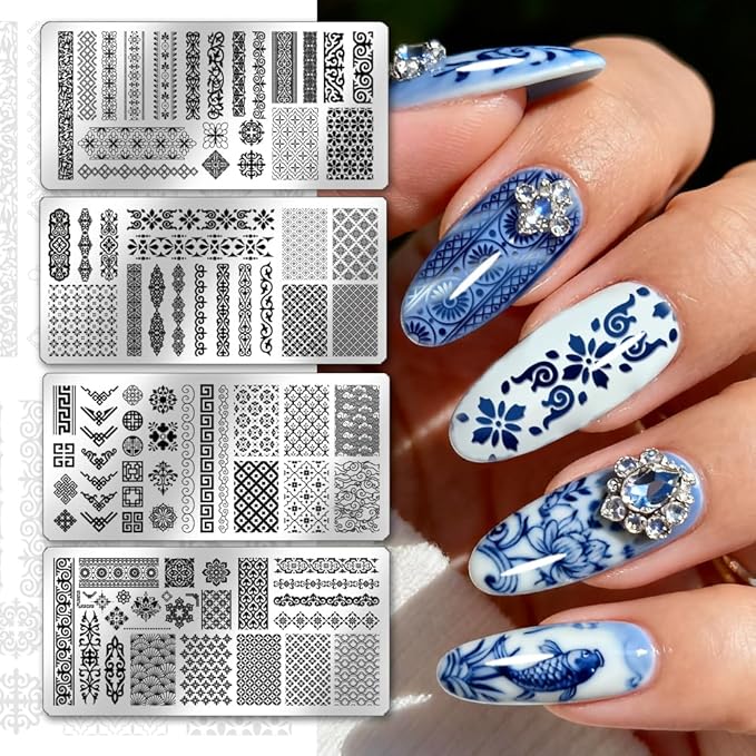 PH PandaHall 4pcs Chinese Style Patterns Nail Stamp Plate Retro Long Strip Nail Art Template Floral Motifs Nails Stencils Traditional Border Nails Image Plate for Women Manicure Tips Design Decoration