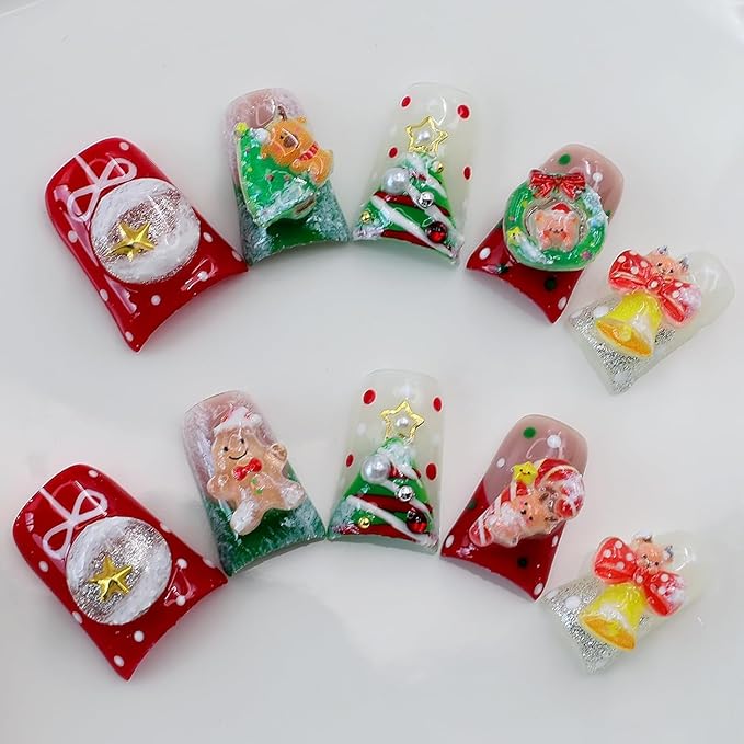 Handmade Press on Nails Short Duck Christmas Gingerbread Man Fake Nails Christmas Tree Bells Rhinestones Full Cover Glitter Cute Winter Stick on Nails Xmas Glue on Nail for Acrylic DIY (Size S)
