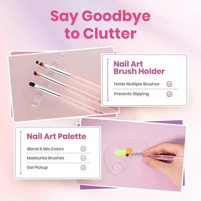 Beetles Blooming Gel and Nail Art Brushes Set - Ombre Nail Brush Gradient Stipple Clean Up Fingernail Art Pens and Silicone Dotting Tool for Gel Polish Marble Blush Chrome DIY Manicure Designs