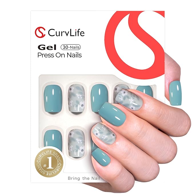 Curvlife Soft Gel Press on Nails with 30pcs Green Flower Design Full Cover Fake Nails for Women Reusable Nail Kit with Nail Glue Adhesive Tabs