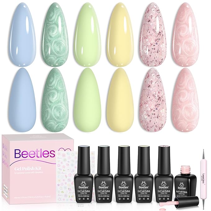Beetles Spring Gel Nail Polish Set - 6 Colors Pastel Scenery By the Lake Soak Off UV LED Gel Polish Pink Green Yellow Drawing Swirl Shell Thread Effect Nails DIY Manicure Easter Gifts for Women