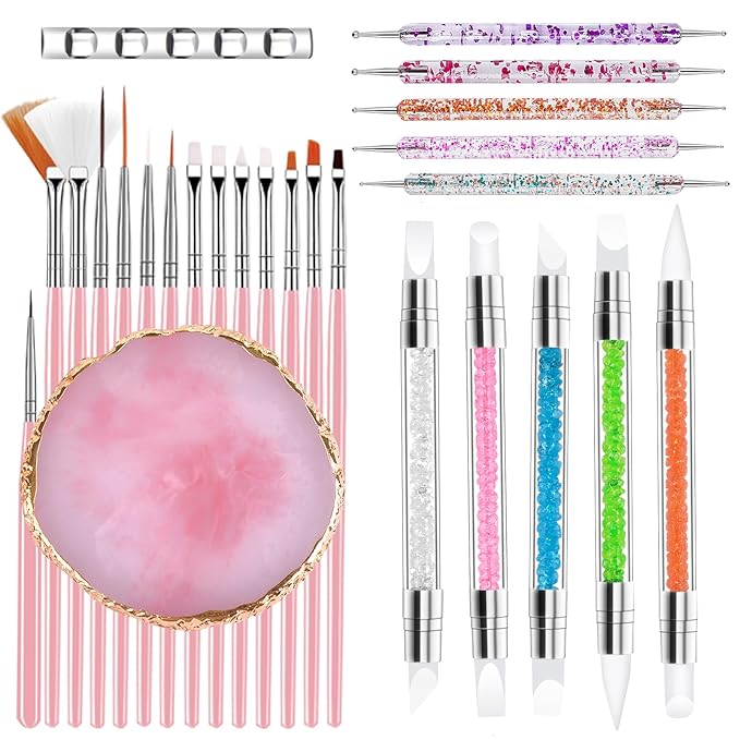Nail Art Tool Set,27 Pcs Nail Art Brushes Set with Resin Nail Art palette,5 Pcs Nail Art Sculpture Pens,2 Way Acrylic Silicone Carving Pen,Nail Dotting Pen Nail Art Kit for Nail Art DIY Home Salon