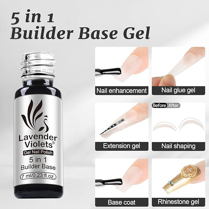 Lavender Violets 6pcs Gel Base and Top Coat Set - Blooming Gel, Glow in the Dark Top Coat, Glossy & Matte Coats, 5 in 1 Builder Base, Non-Acid PH Bond Clear Nail Polish Kit for Manicure C201