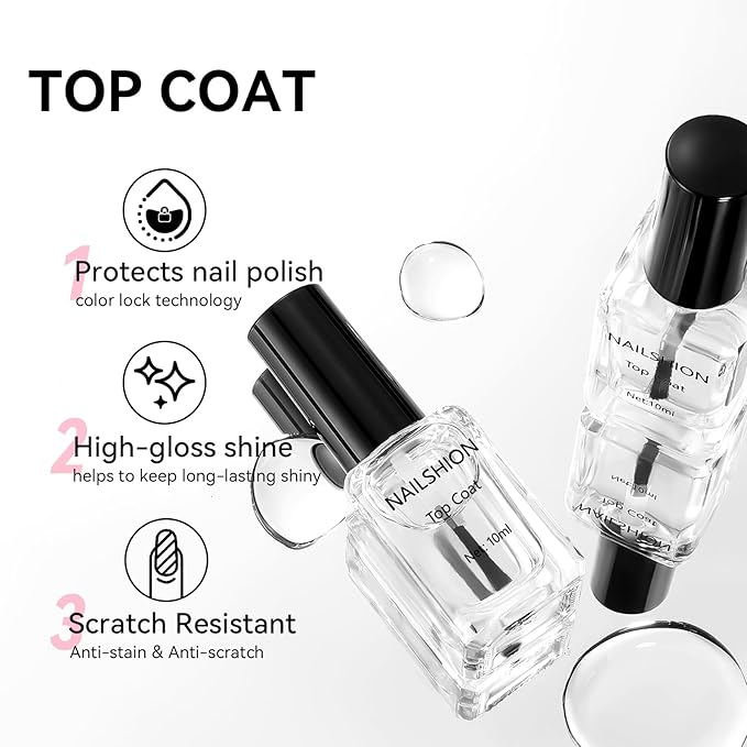 Clear Nail Polish Glossy Top Coat, 2 Pack Quick Air Dry Regular Nail Polishes, High Shine Finish Long-Lasting Color Protection No Chip Vegan Hema-free Non-gel Salon Nail Art Essentials