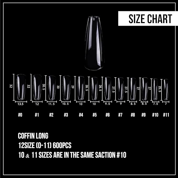 Nail Gel-X Natural Coffin Long Tips Set - NeVi USA Premium Quality, 600 Tips in 12 Sizes - Complete DIY Nail Extension Kit | No Size 00 Included #10&11 are in the same section #10