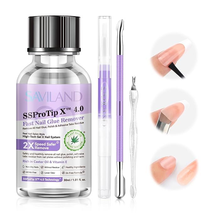 SAVILAND Nail Glue Remover Kit: Press On Nail Remover Nail Prep Kit with Cuticle Tools Easy Removal of Nails Glue and Acrylic Nails Tips 30 ml Debonder Serum and Cuticle Oil Pen Salon Home