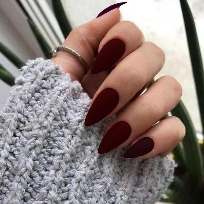 Matte Dark Red Press on Nails Almond Shaped Medium Almond Nails Press on Neutral Acrylic Nails Reusable Fake Nails for Women Glue on Nails Medium Stiletto False Nails Soft Gel Artificial Nails