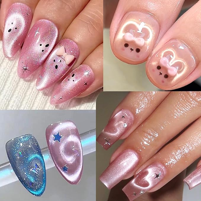 3 in 1 Cat Eye Magnet Brush Pen, Double-Ended Magnetic Wand with Brush for Cat Eye Gel Nail Polish, Heart Bunny Spiral Swirl Effect Nail Art Tools, Multifunctional Manicure Accessories