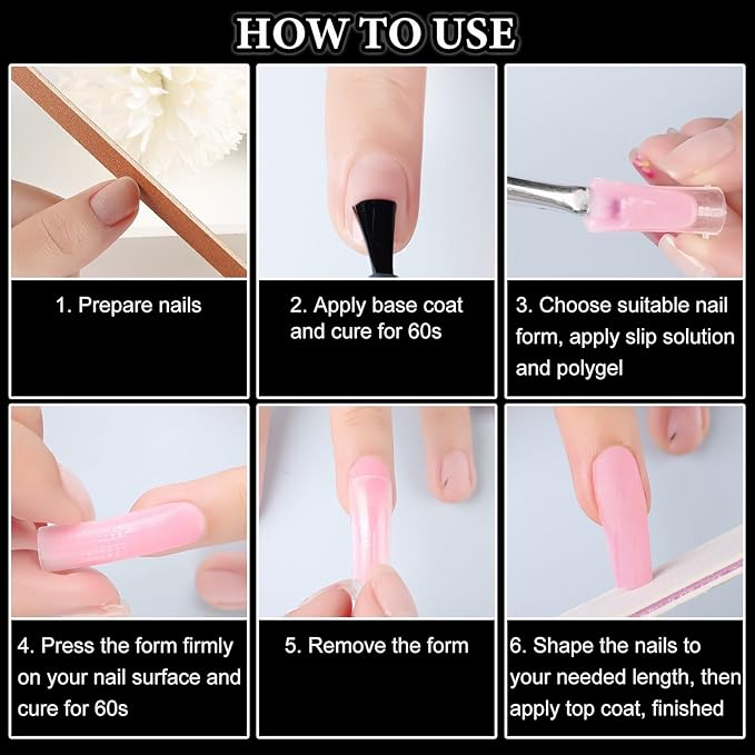 288Pcs Polygel Nail Form Kit 12 Style 12 Sizes Reusable Nail Extension Mold Dual Forms with 6Pcs Nail Clips, Nail Slip Solution, Brush Pen, Nail File & Cuticle Pusher for Beginners