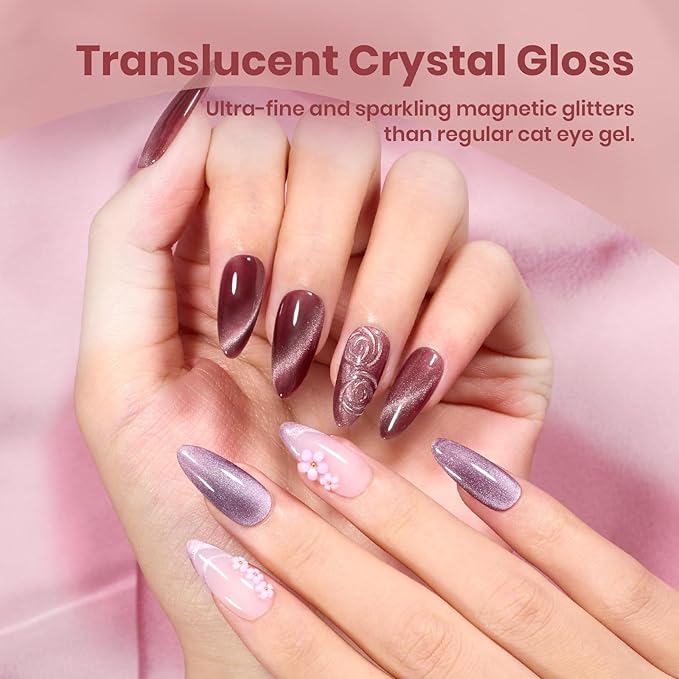 Beetles Cat Eye Gel Polish Nail Set - 6 Colors Purple Red Pink Glitter Magnetic Cat Eye Gel Fall Gel Polish Kit Soak Off UV Ceramic Rose Collection Manicure Gift for Women