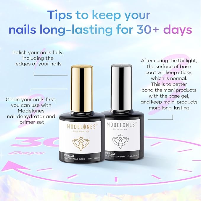 modelones Gel Top Coat, 15 ml 2026 Upgrade Super Shiny Base and Top Coat Set, Soak Off Nail Lamp Acid Free No Wipe Clear Base Top Gel Nail Polish