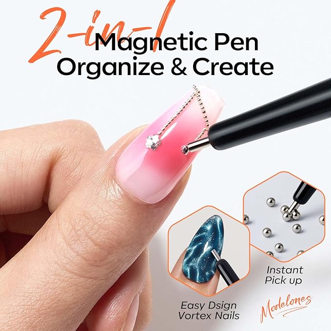 modelones Cat Eye Magnet Set, Heart Nail Art Tool Strong Magnetic Pen Double Head Round Magnets Stick Wand Diverse French Moon Floral Cateye Effect DIY Professional Manicure Gift for Women