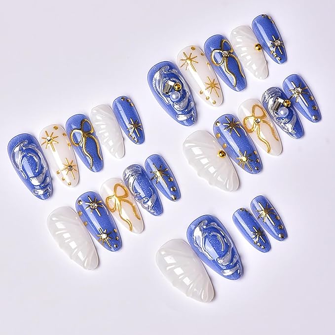 24pcs Blue Press on Nails Medium Almond Fake Nails with 3d Gold Bow Star Rhinestones Designs Glue on Nails Blue Full Cover Artificial False Nails Reusable Acrylic Nail for Women Nail Decor Supplies