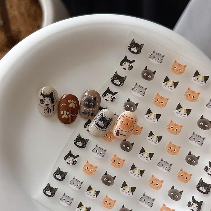 4 Sheets Cats Series Nail Stickers Cats Lover Nail Art Stickers Embossed Nail Decals with Siamese Calico Cat Black Cat Designs Cute DIY Self-Adhesive Nail Art Supplies