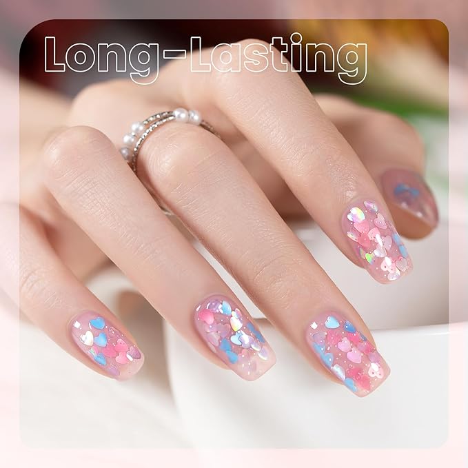 RARJSM Nude Clear Pink Heart Shape Glitter Gel Nail Polish Pink Holographic Laser Rainbow Effect Sparkle Shimmer Jelly Gel Polish Glossy Shine 8ml Soak Off Curing Need Home Salon DIY Nail Art Design