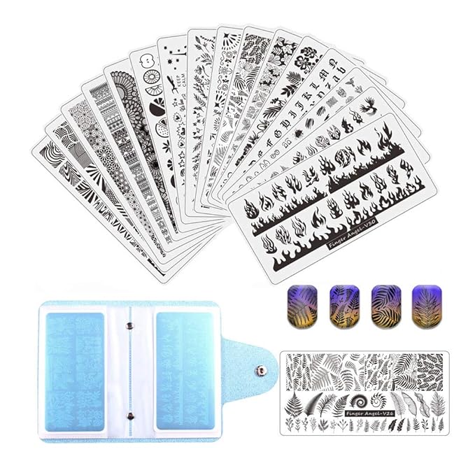 21Pcs Nail Stamp Plate Set 16Pcs Mix Design Stamping nail Art Plate + 2Nail Stamper + 2Scraper+1Pcs Case Nails Art Stamping Plate Scraper Stamper Set Leaves Flowers Nail plate V17-32