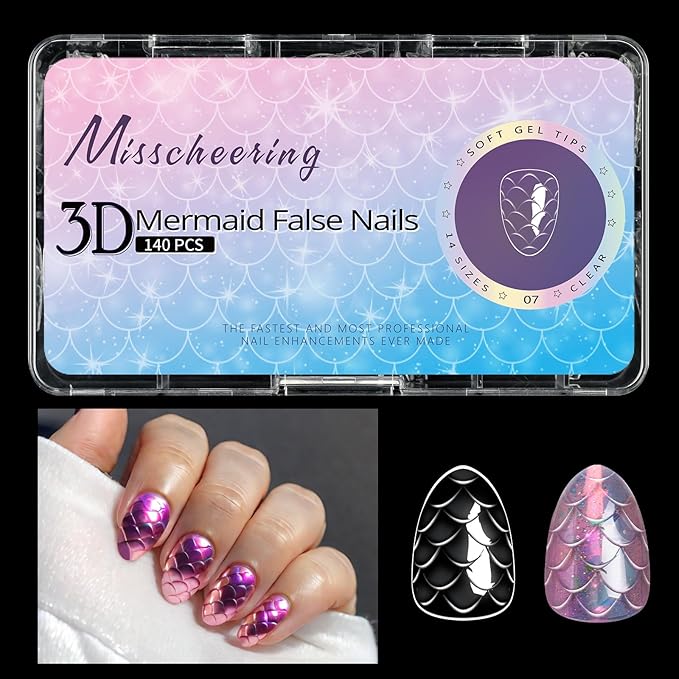 3D Diamond Shaped Polygel Nail, Extension Clear Full Cover False Nail Tips, Hybrid Gel Acrylic Nail, Diamond Fake Nails, 14 Sizes Building Artificial Press on Nail (Fish Scales 7, 140pcs)